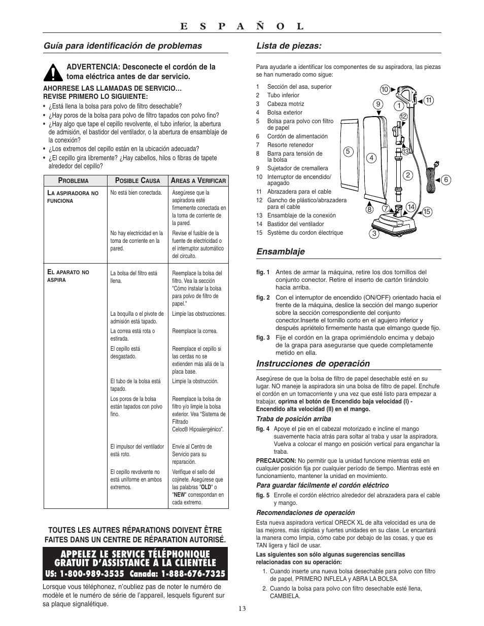 Guía para identificación de problemas, Lista de piezas, Ensamblaje | Instrucciones de operación | Oreck XL U4080H2 User Manual | Page 14 / 16