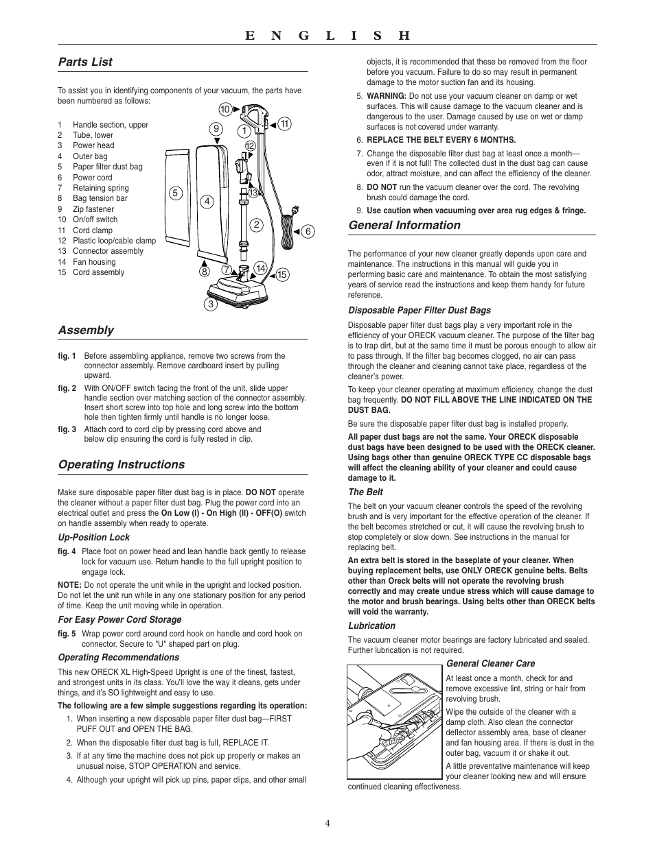 General information, Parts list, Assembly | Operating instructions | Oreck XL U4080H2 User Manual | Page 5 / 16
