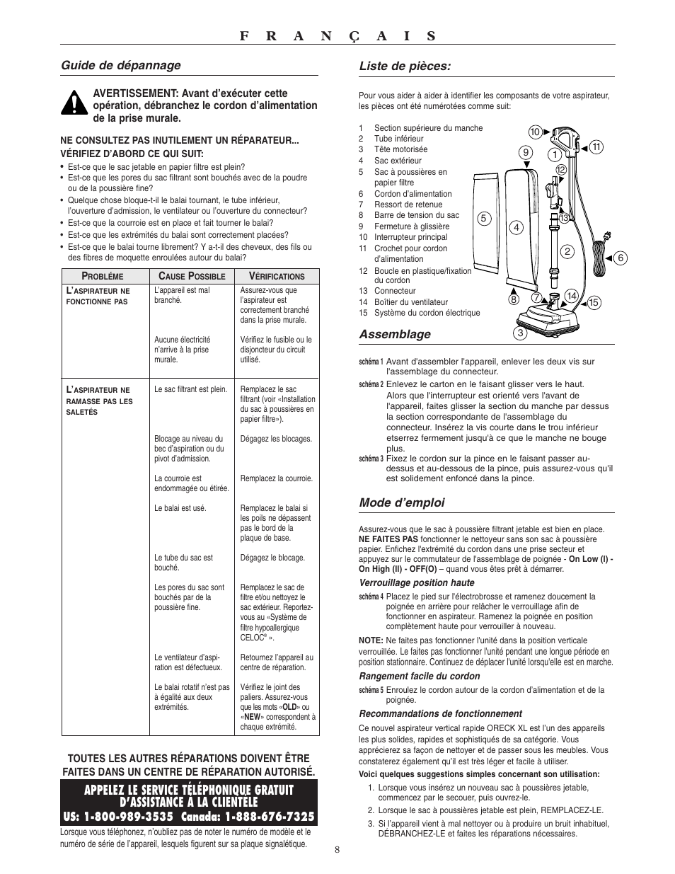 Guide de dépannage, Liste de pièces, Assemblage | Mode d’emploi | Oreck XL U4080H2 User Manual | Page 9 / 16