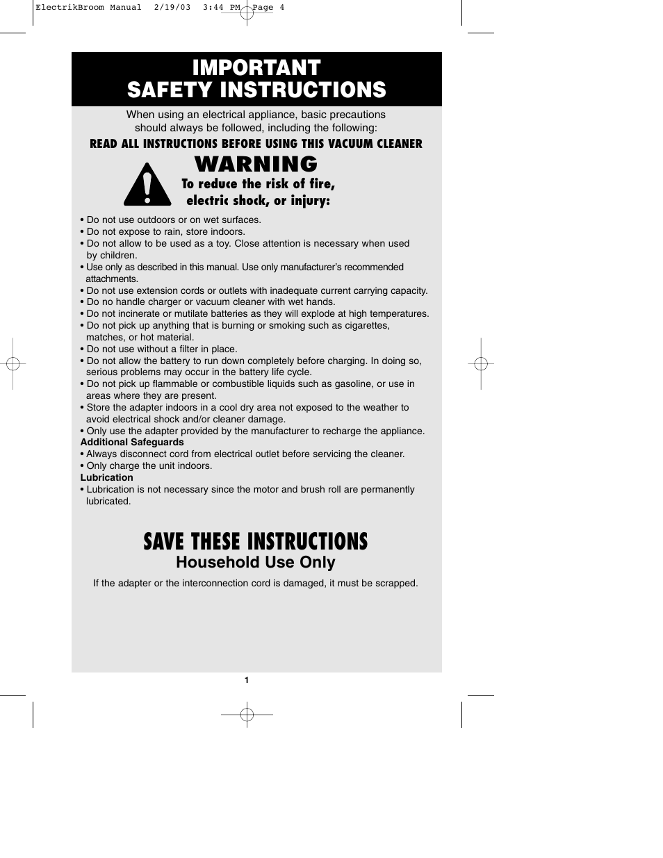 Save these instructions, Important safety instructions, Warning | Household use only | Oreck MODEL AV-701B User Manual | Page 2 / 10