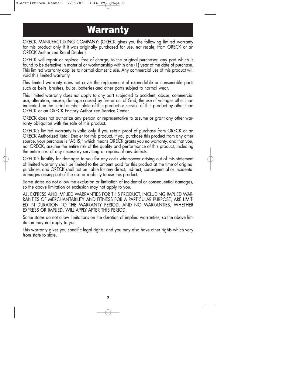 Warranty | Oreck MODEL AV-701B User Manual | Page 4 / 10