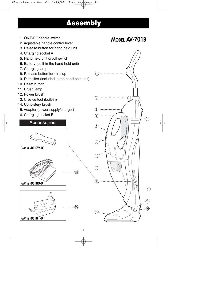 Assembly, Av-701b | Oreck MODEL AV-701B User Manual | Page 5 / 10