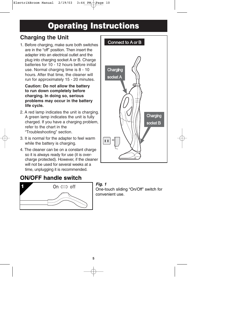 Operating instructions, Charging the unit, On/off handle switch | Oreck MODEL AV-701B User Manual | Page 6 / 10