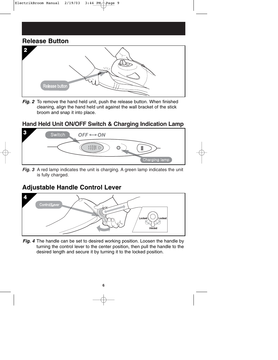 Release button, Adjustable handle control lever | Oreck MODEL AV-701B User Manual | Page 7 / 10