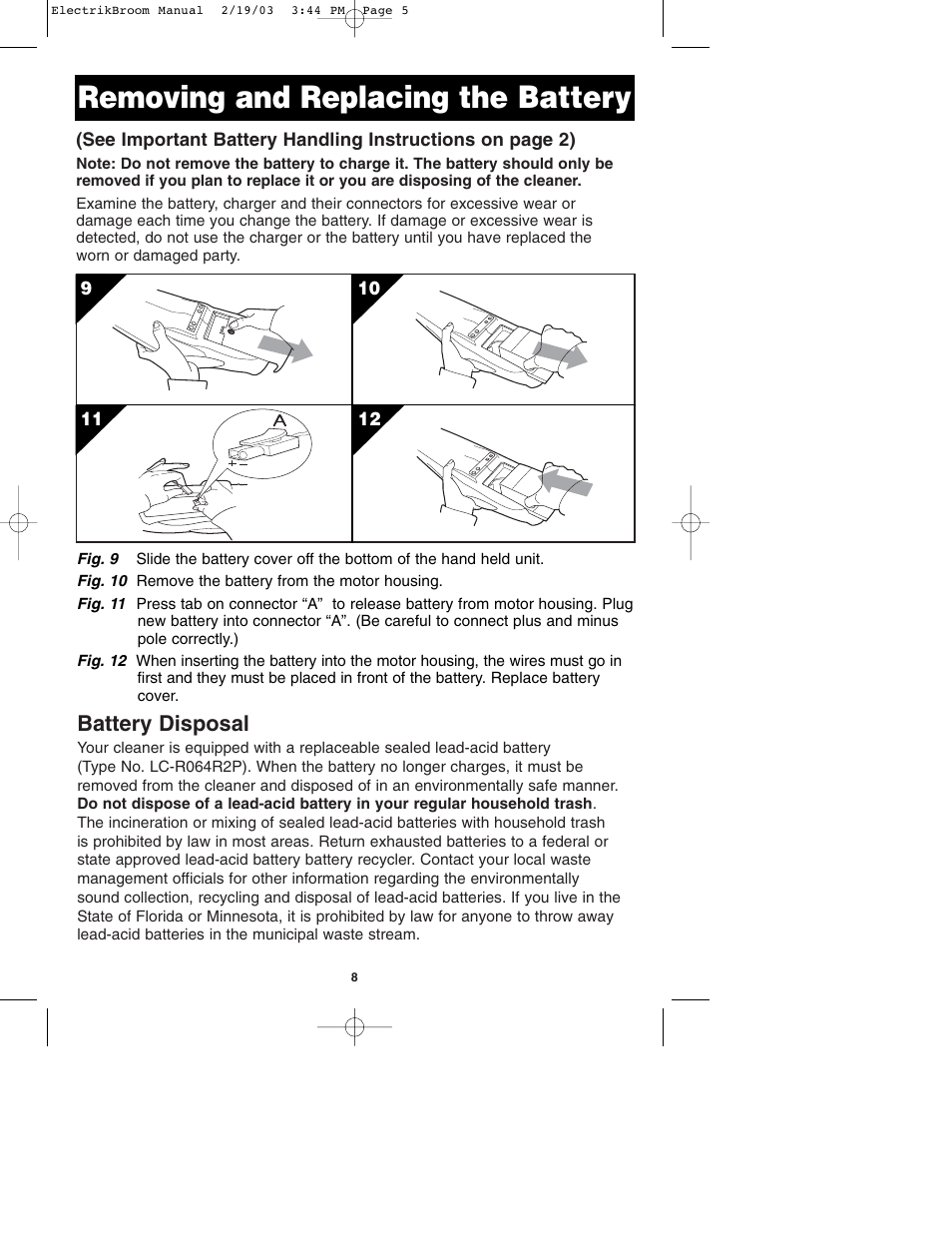 Removing and replacing the battery, Battery disposal | Oreck MODEL AV-701B User Manual | Page 9 / 10