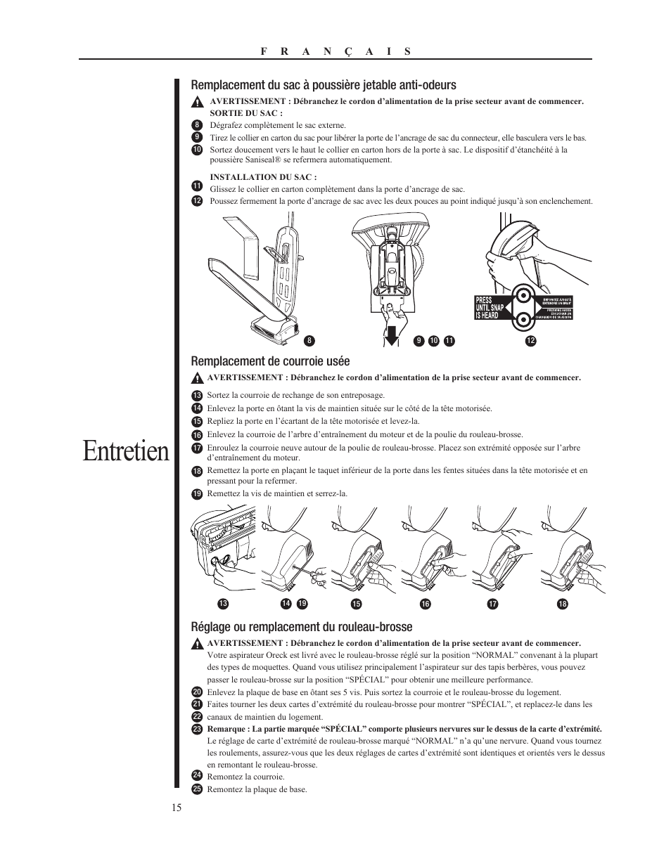 Entretien, Remplacement de courroie usée, Réglage ou remplacement du rouleau-brosse | Oreck 79052-01REVA User Manual | Page 15 / 28