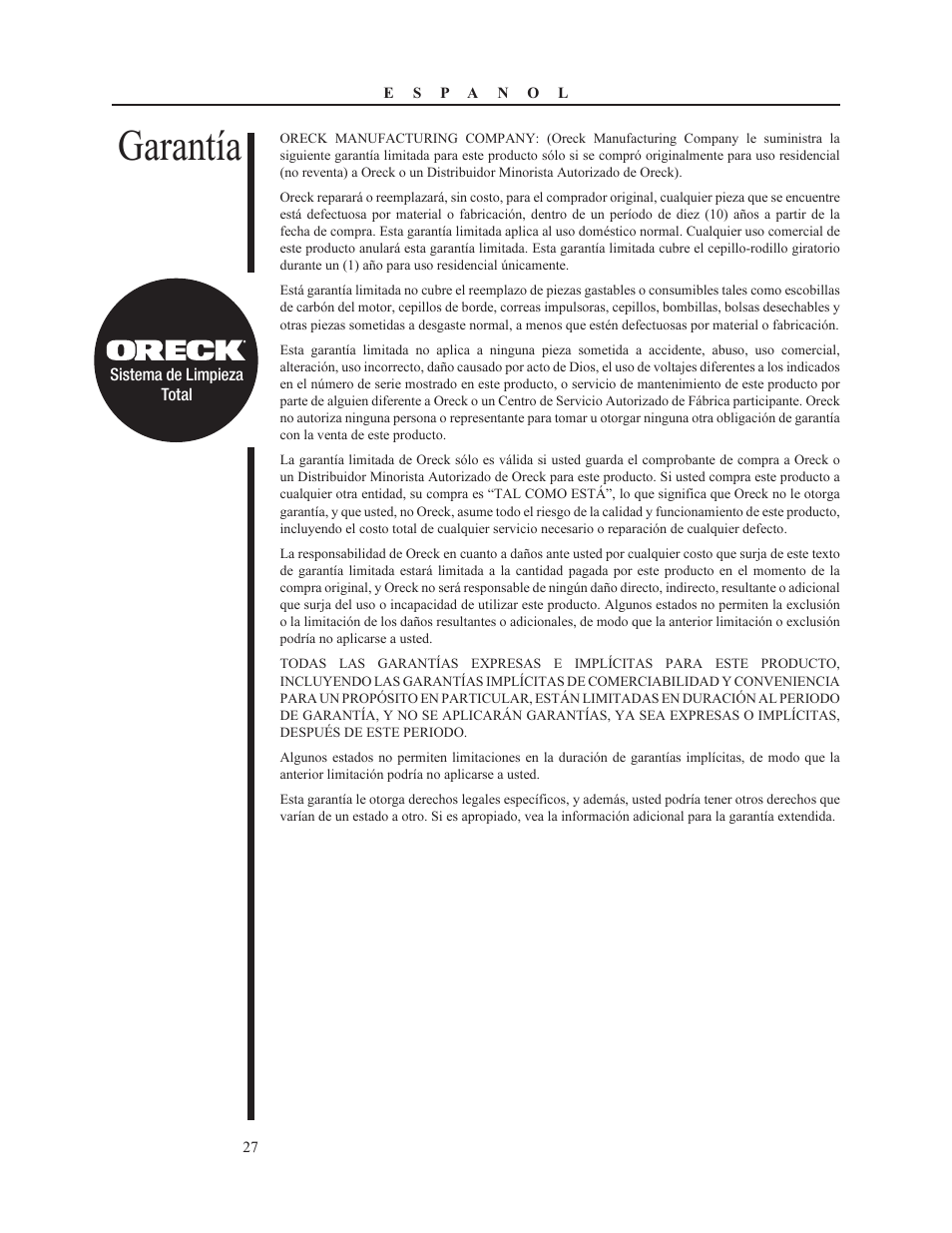 Garantía | Oreck 79052-01REVA User Manual | Page 27 / 28