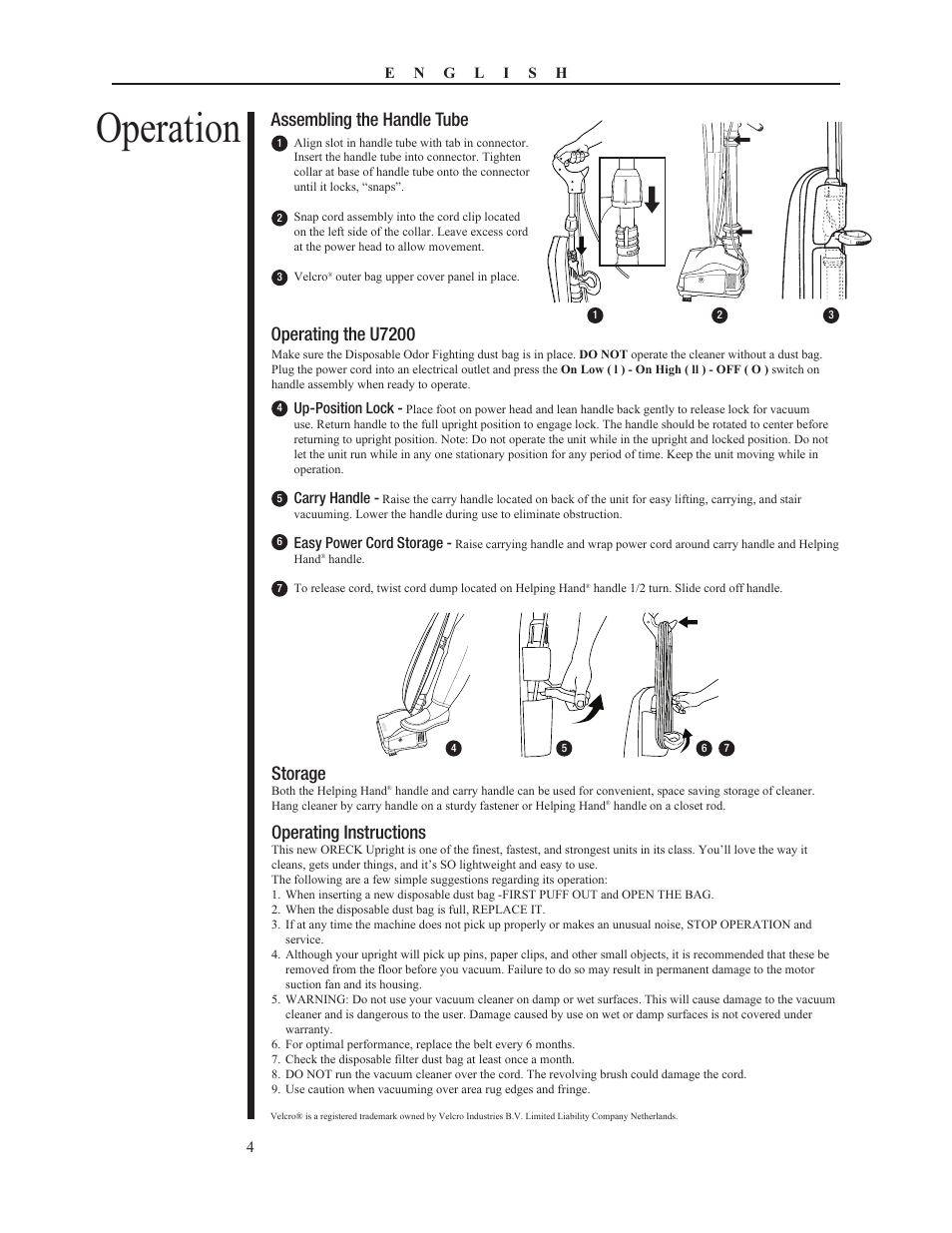 Operation, Assembling the handle tube, Storage | Operating instructions, Operating the u7200 | Oreck 79052-01REVA User Manual | Page 4 / 28