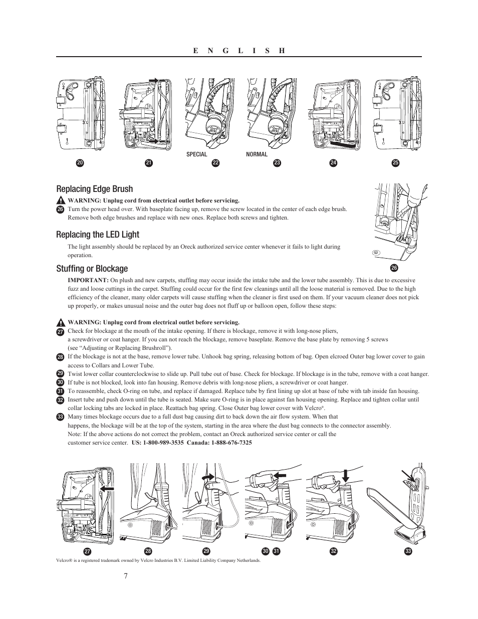 Replacing edge brush, Replacing the led light, Stuffing or blockage | Oreck 79052-01REVA User Manual | Page 7 / 28