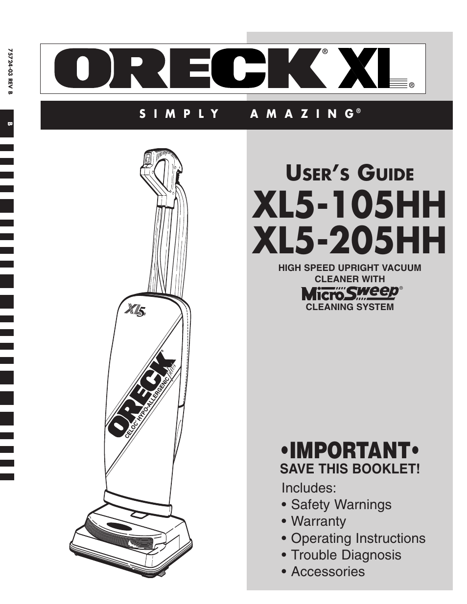 Oreck XL5-205HH User Manual | 8 pages