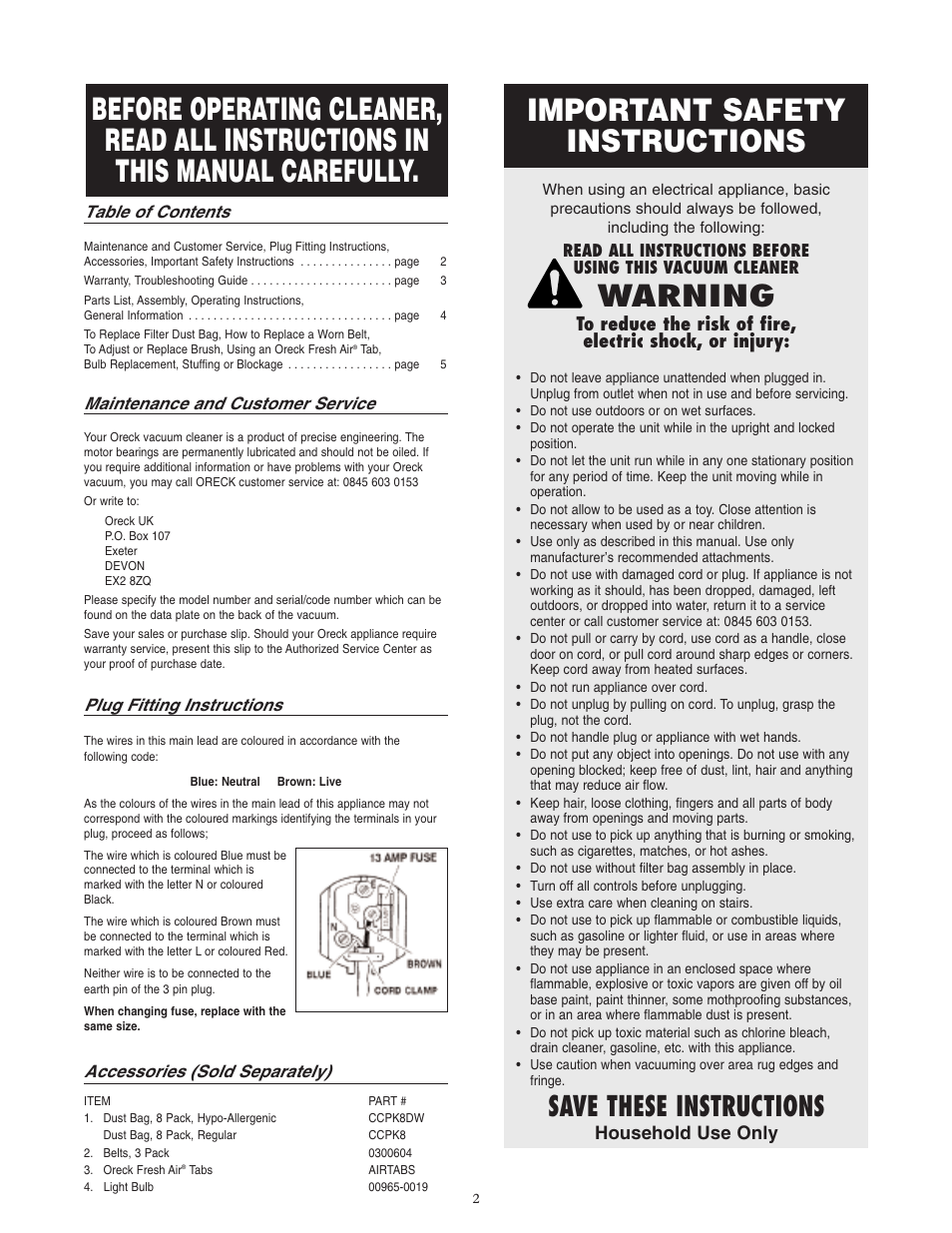 Important safety instructions, Warning, Save these instructions | Oreck XL5-205HH User Manual | Page 3 / 8