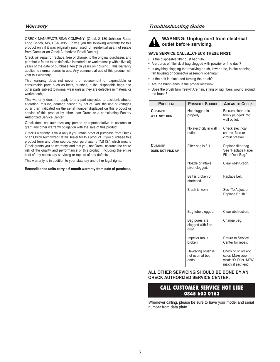 Call customer service hot line, Troubleshooting guide, Warranty | Oreck XL5-205HH User Manual | Page 4 / 8