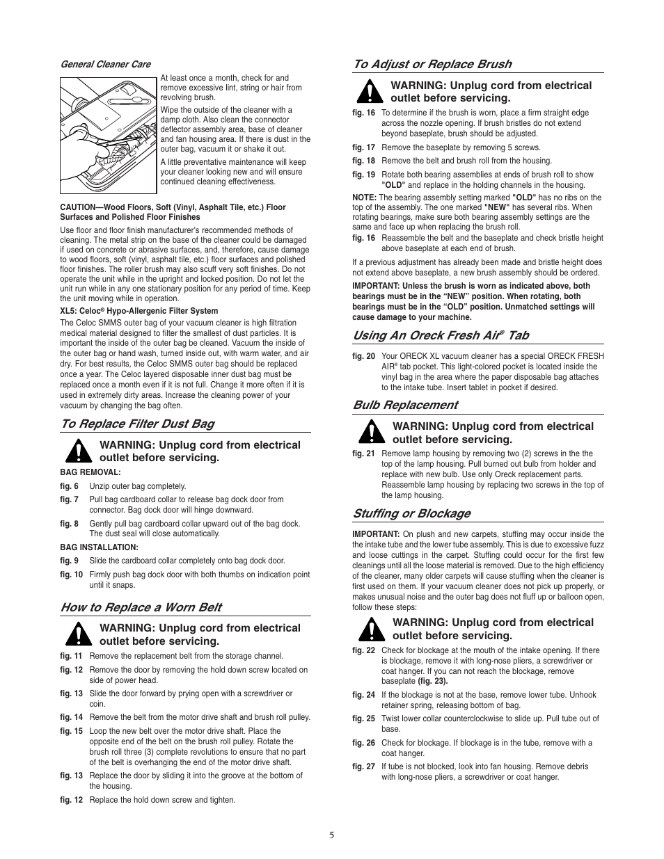 How to replace a worn belt, Using an oreck fresh air, Bulb replacement | Stuffing or blockage | Oreck XL5-205HH User Manual | Page 6 / 8