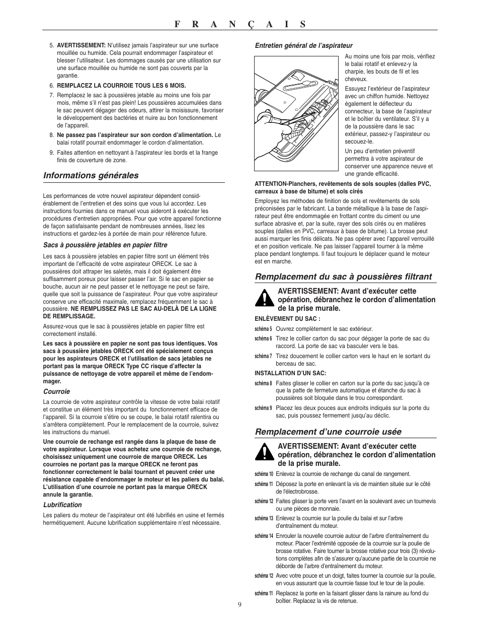 Informations générales, Remplacement du sac à poussières filtrant, Remplacement d’une courroie usée | Oreck XI 2310RD User Manual | Page 10 / 16