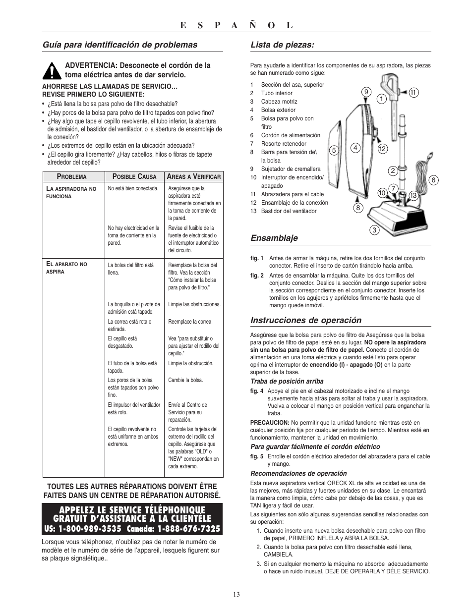 Guía para identificación de problemas, Lista de piezas, Ensamblaje | Instrucciones de operación | Oreck XI 2310RD User Manual | Page 14 / 16