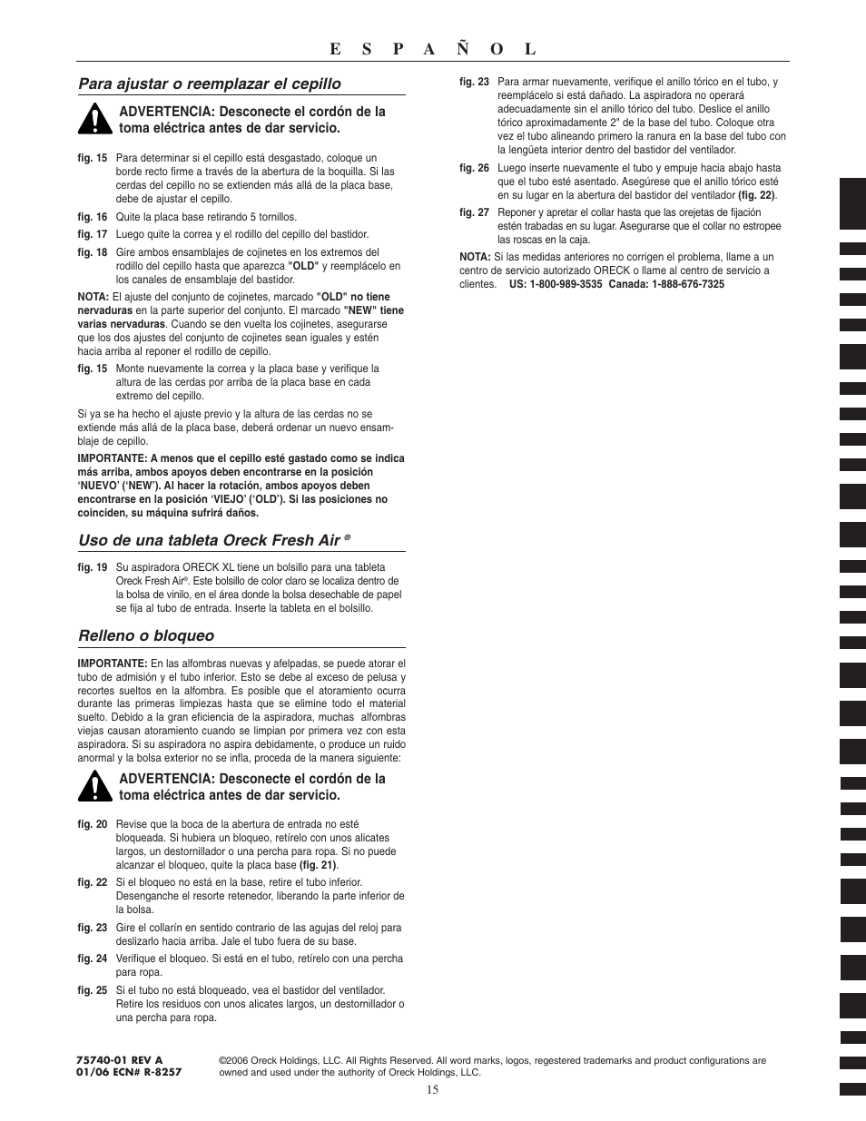 Para ajustar o reemplazar el cepillo, Uso de una tableta oreck fresh air, Relleno o bloqueo | Oreck XI 2310RD User Manual | Page 16 / 16