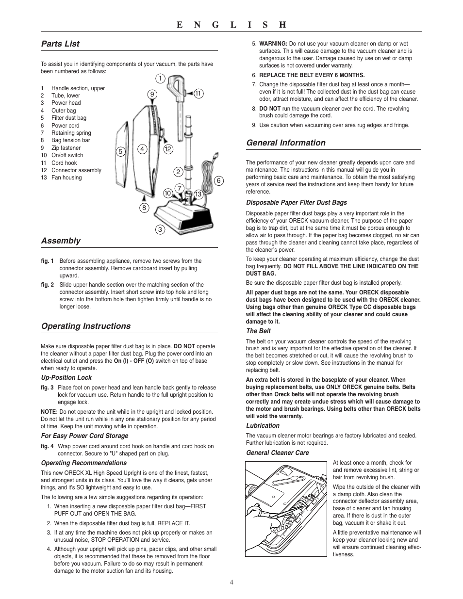 Parts list, Assembly, Operating instructions | General information | Oreck XI 2310RD User Manual | Page 5 / 16