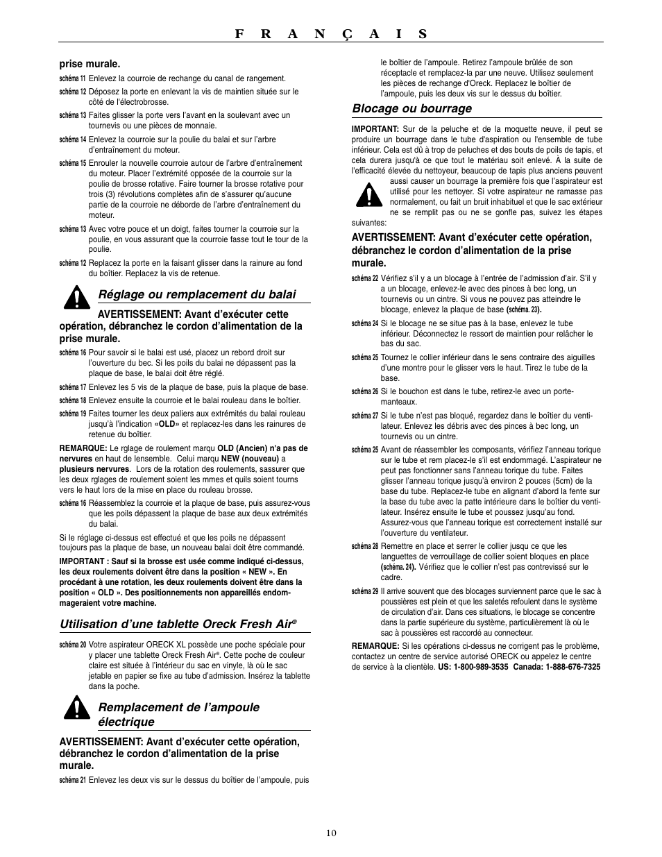 Réglage ou remplacement du balai, Utilisation d’une tablette oreck fresh air, Remplacement de l’ampoule électrique | Blocage ou bourrage | Oreck U3990H2 User Manual | Page 11 / 16