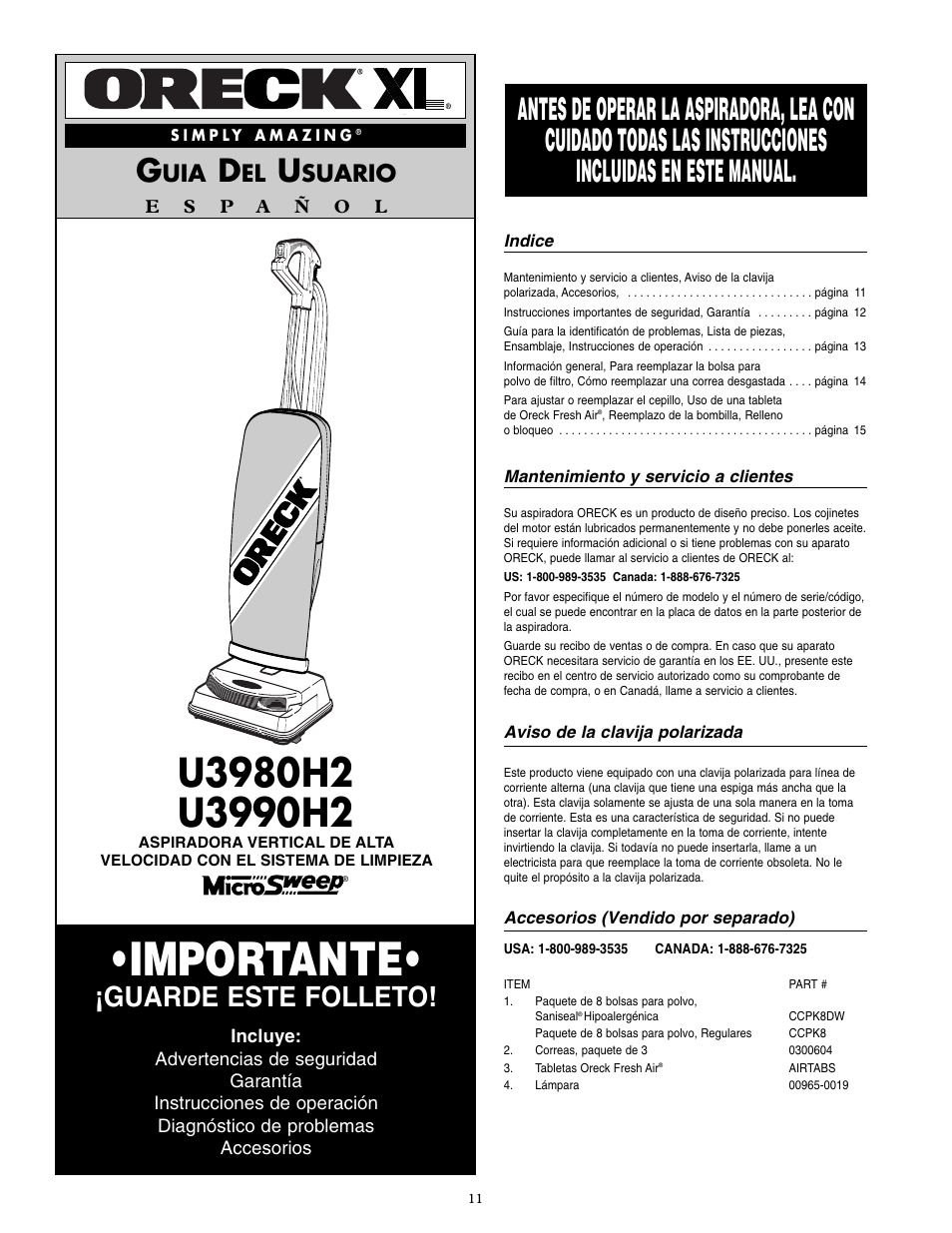 Importante, Guarde este folleto, Suario | Oreck U3990H2 User Manual | Page 12 / 16