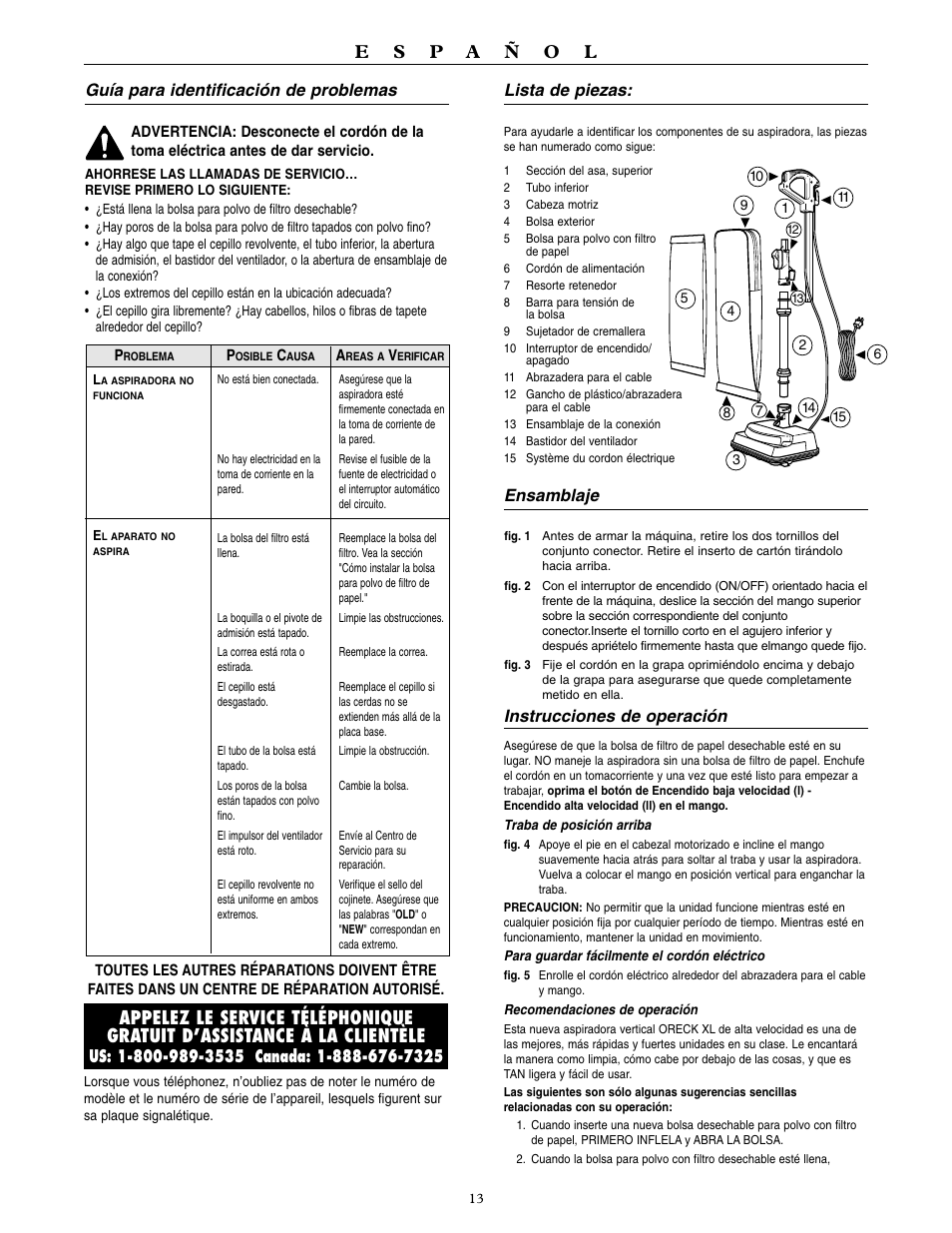 Guía para identificación de problemas, Lista de piezas, Ensamblaje | Instrucciones de operación | Oreck U3990H2 User Manual | Page 14 / 16