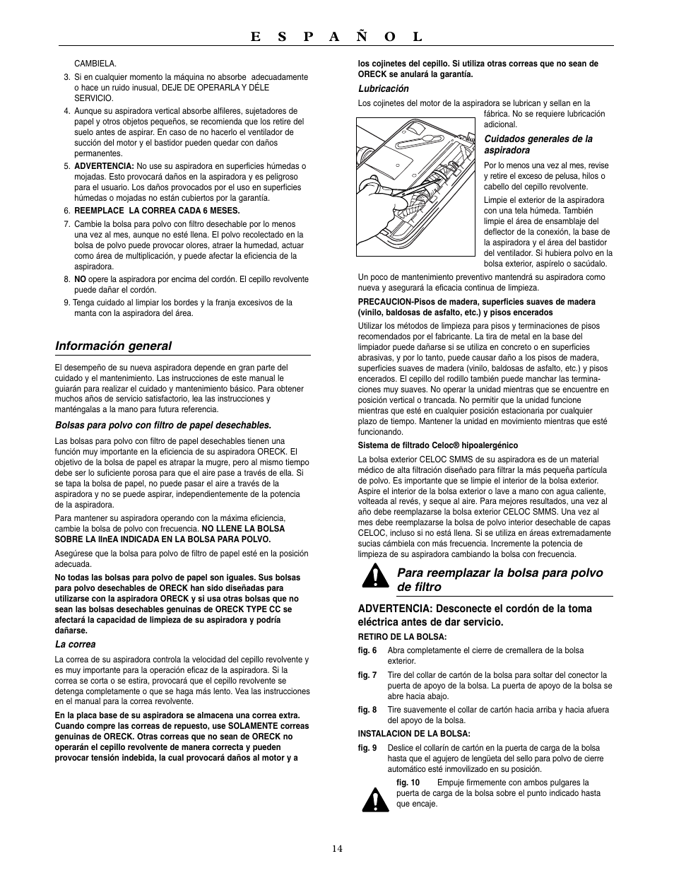 Información general, Para reemplazar la bolsa para polvo de filtro | Oreck U3990H2 User Manual | Page 15 / 16