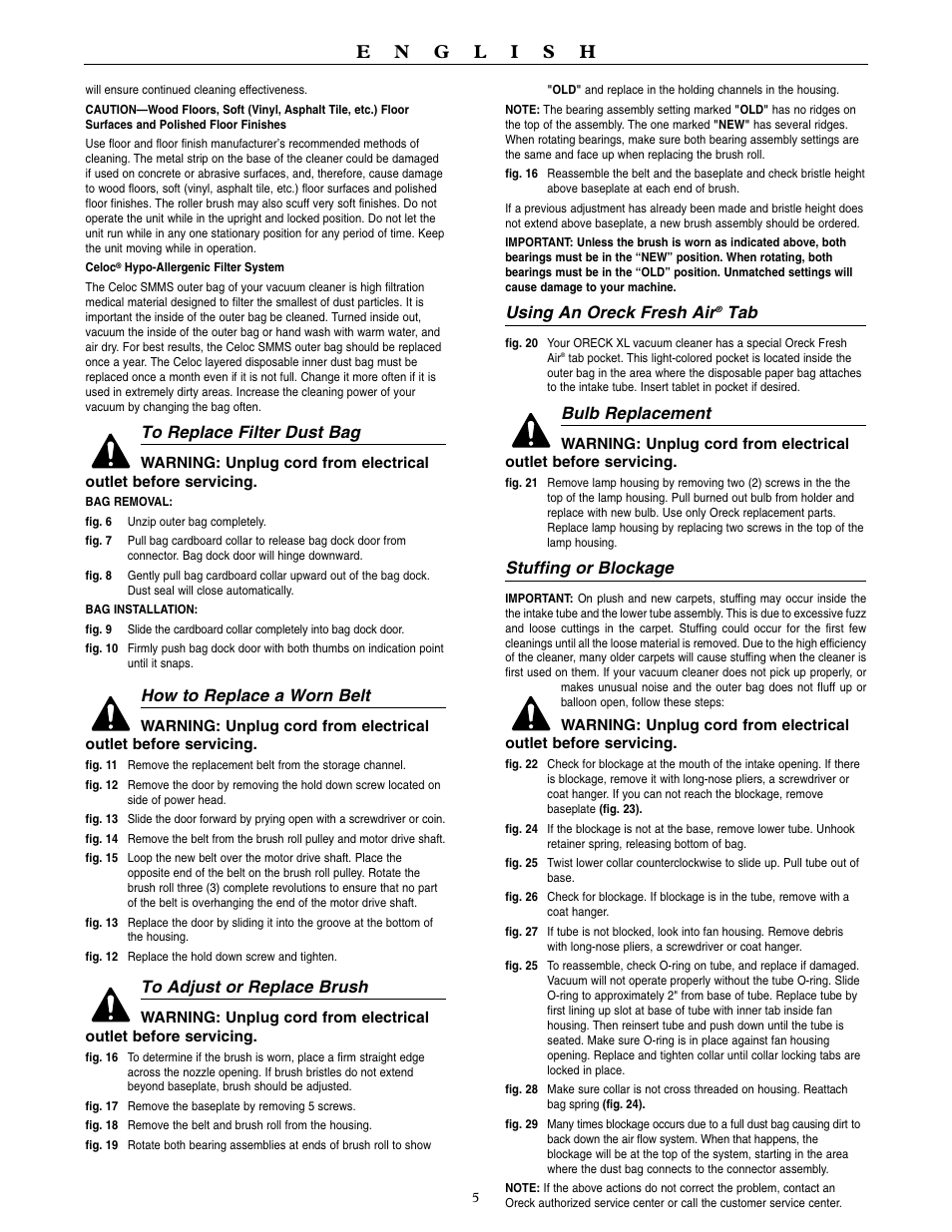 How to replace a worn belt, Using an oreck fresh air, Bulb replacement | Stuffing or blockage | Oreck U3990H2 User Manual | Page 6 / 16