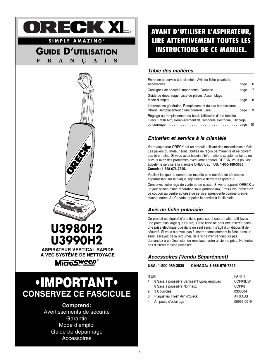 Important, Conservez ce fascicule, Uide | Utilisation | Oreck U3990H2 User Manual | Page 7 / 16