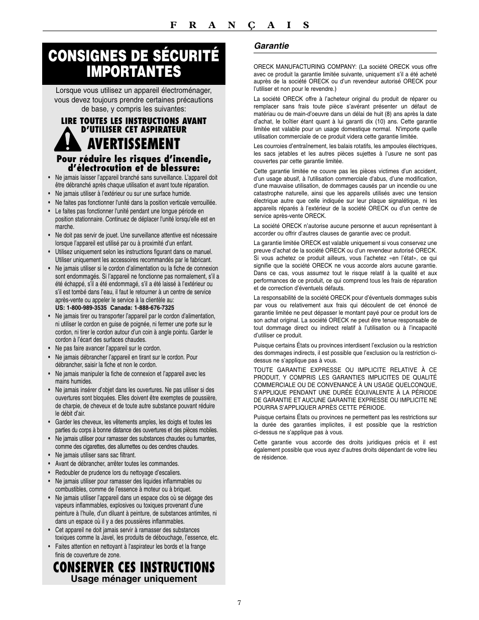 Consignes de sécurité importantes, Avertissement, Conserver ces instructions | Oreck U3990H2 User Manual | Page 8 / 16