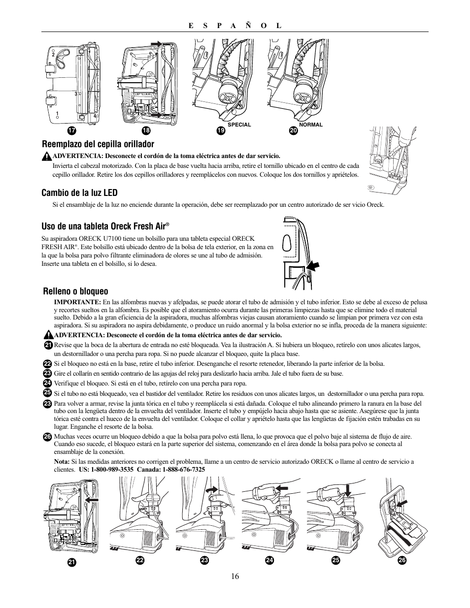 Cambio de la luz led, Reemplazo del cepilla orillador, Relleno o bloqueo | Uso de una tableta oreck fresh air | Oreck XL PLATINUM PLUS 79030-01REVA User Manual | Page 16 / 28