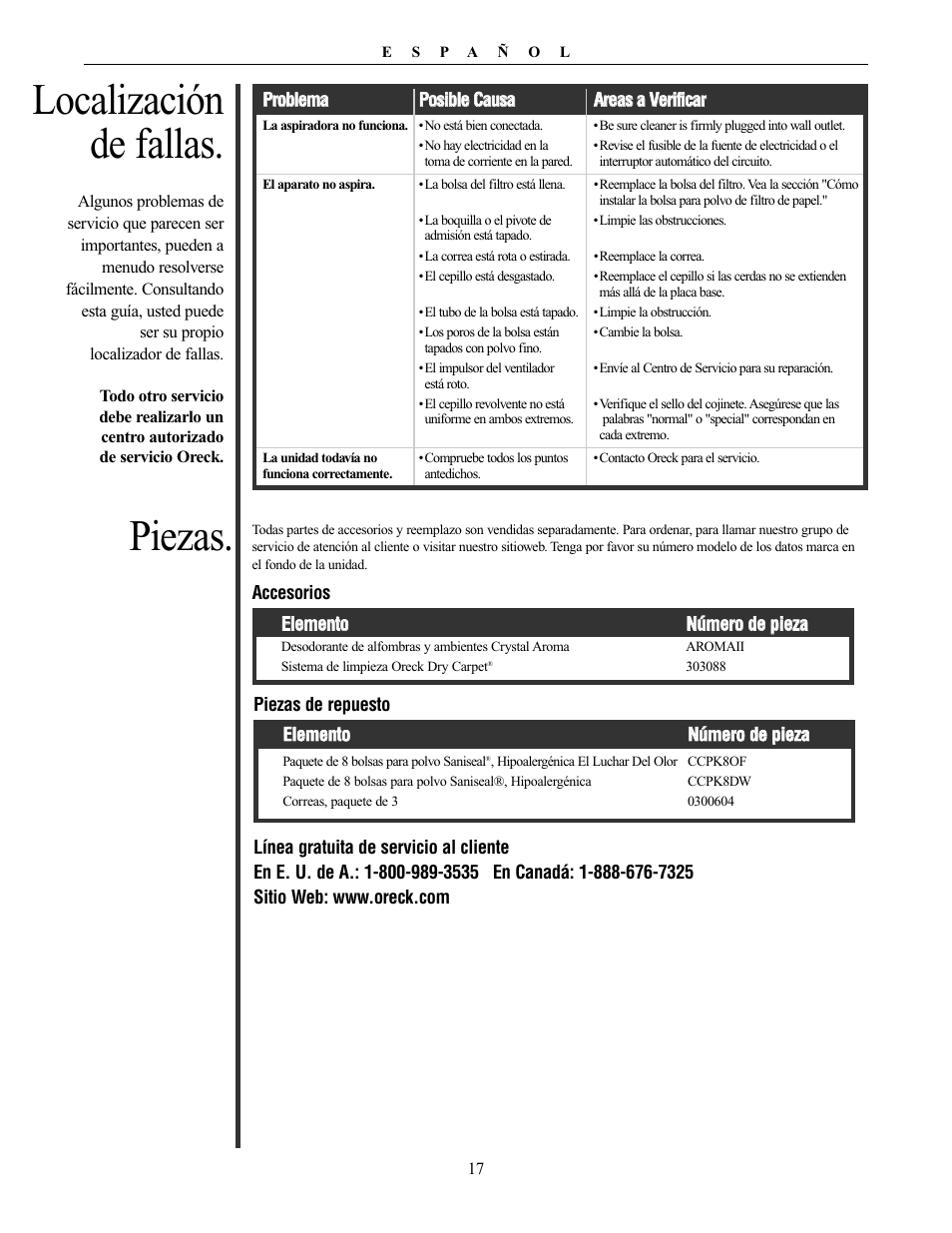 Localización de fallas, Piezas | Oreck XL PLATINUM PLUS 79030-01REVA User Manual | Page 17 / 28