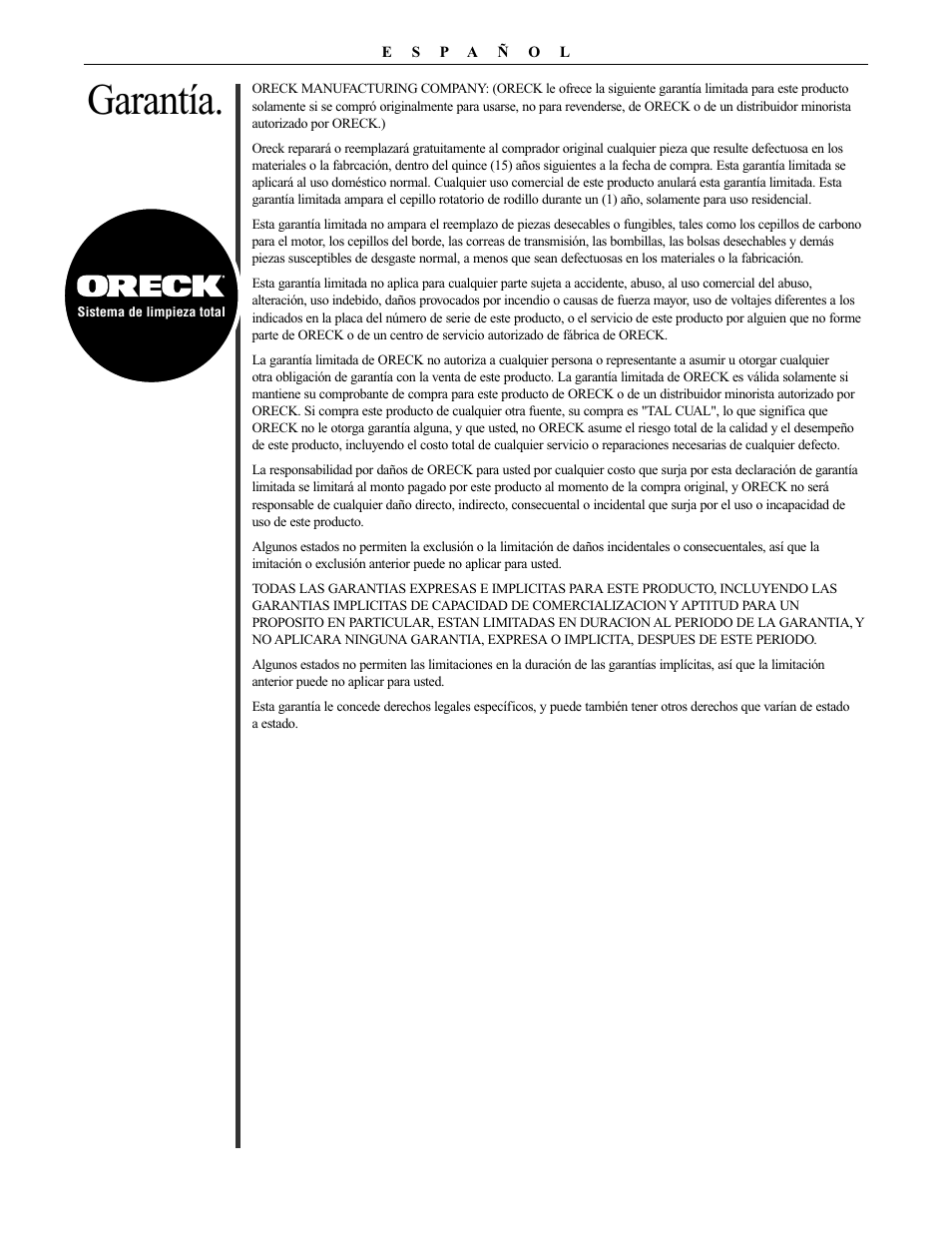 Garantía | Oreck XL PLATINUM PLUS 79030-01REVA User Manual | Page 18 / 28