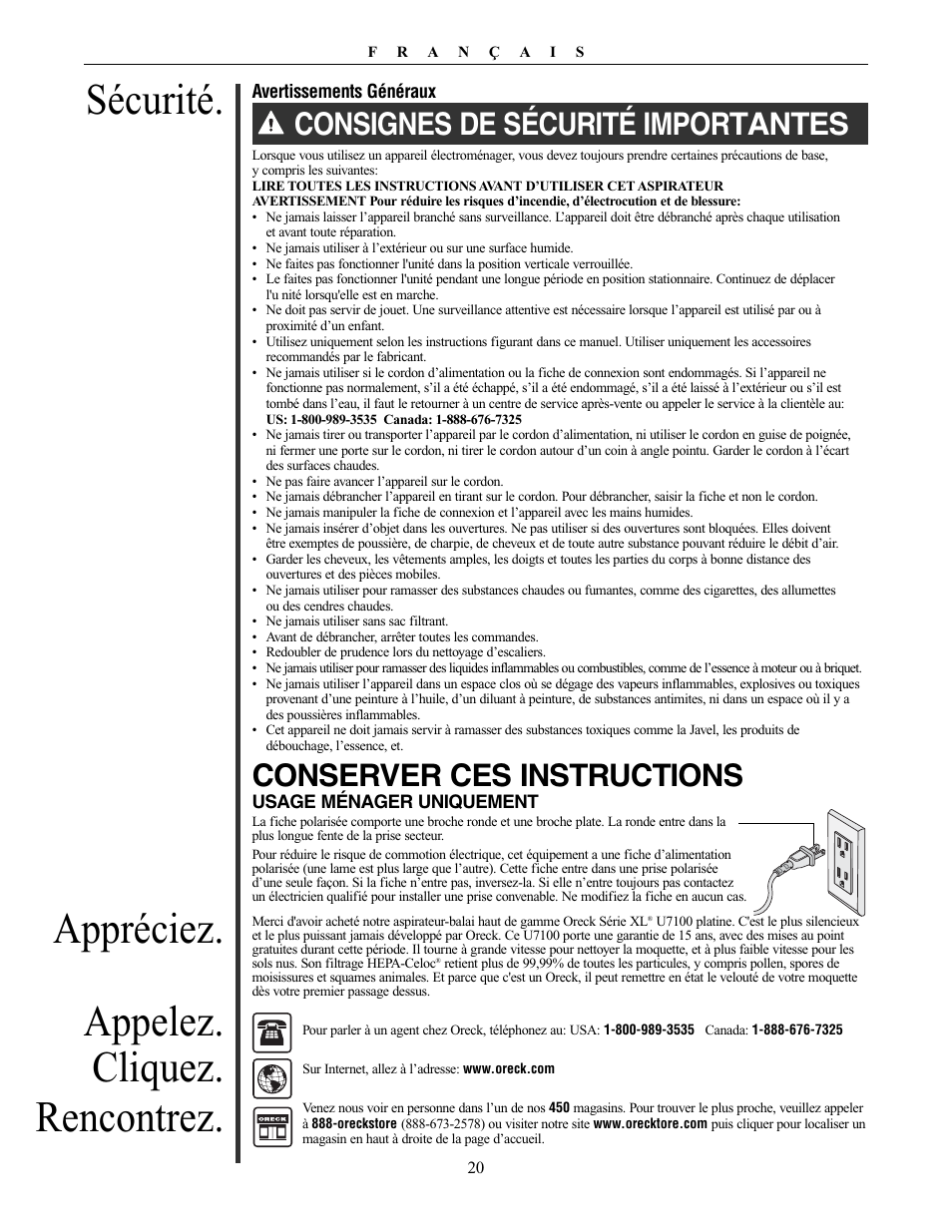 Sécurité, Appréciez. appelez. cliquez. rencontrez, Consignes de sécurité importantes | Conserver ces instructions | Oreck XL PLATINUM PLUS 79030-01REVA User Manual | Page 20 / 28