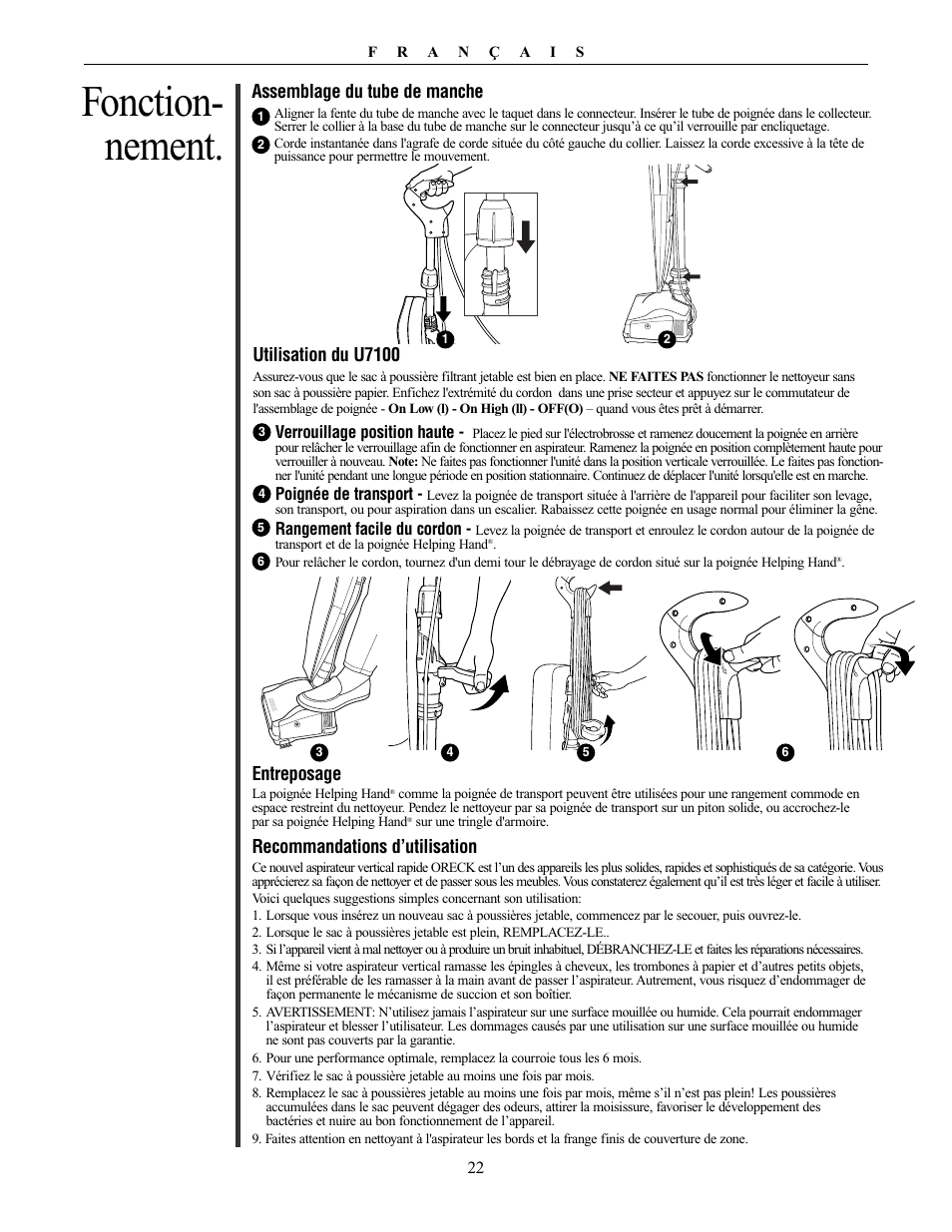 Fonction- nement | Oreck XL PLATINUM PLUS 79030-01REVA User Manual | Page 22 / 28