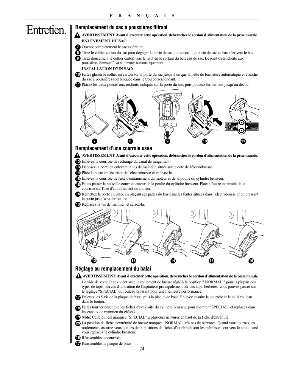 Entretien, Remplacement du sac à poussières filtrant, Remplacement d’une courroie usée | Réglage ou remplacement du balai | Oreck XL PLATINUM PLUS 79030-01REVA User Manual | Page 24 / 28