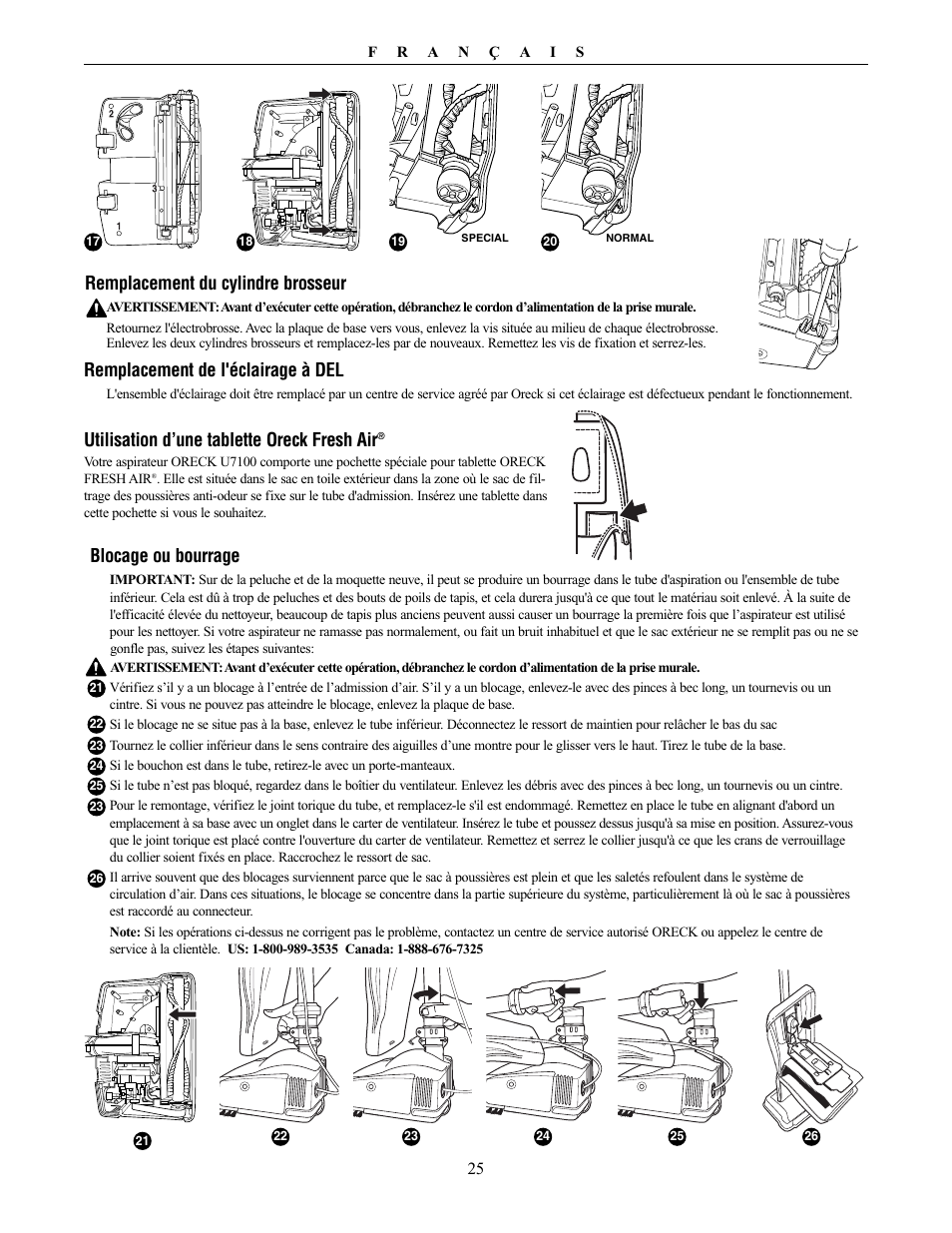 Remplacement de l'éclairage à del, Remplacement du cylindre brosseur, Utilisation d’une tablette oreck fresh air | Blocage ou bourrage | Oreck XL PLATINUM PLUS 79030-01REVA User Manual | Page 25 / 28