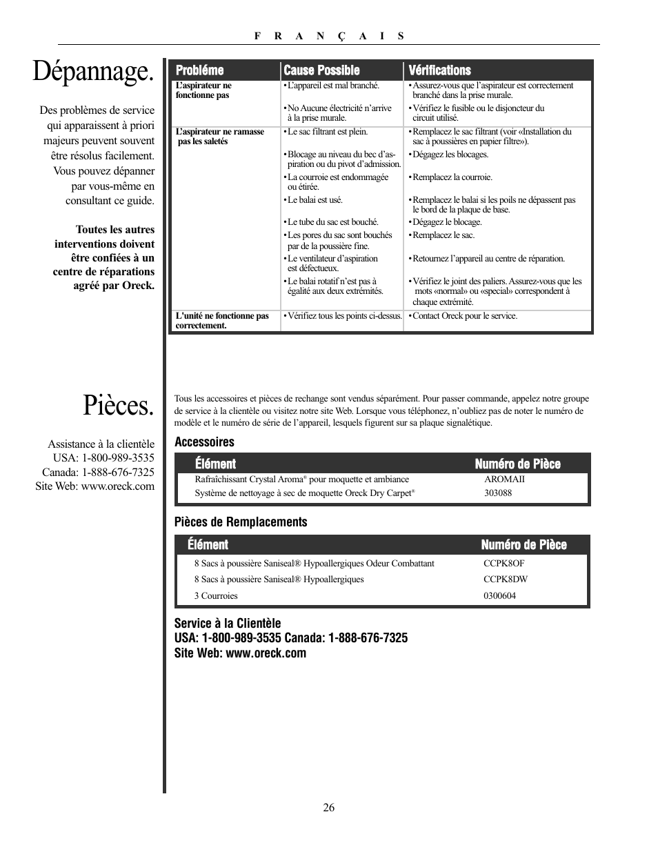 Dépannage, Pièces | Oreck XL PLATINUM PLUS 79030-01REVA User Manual | Page 26 / 28