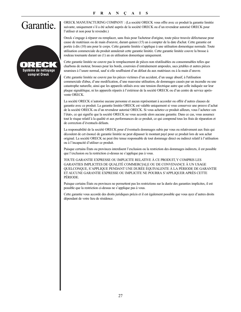 Garantie | Oreck XL PLATINUM PLUS 79030-01REVA User Manual | Page 27 / 28