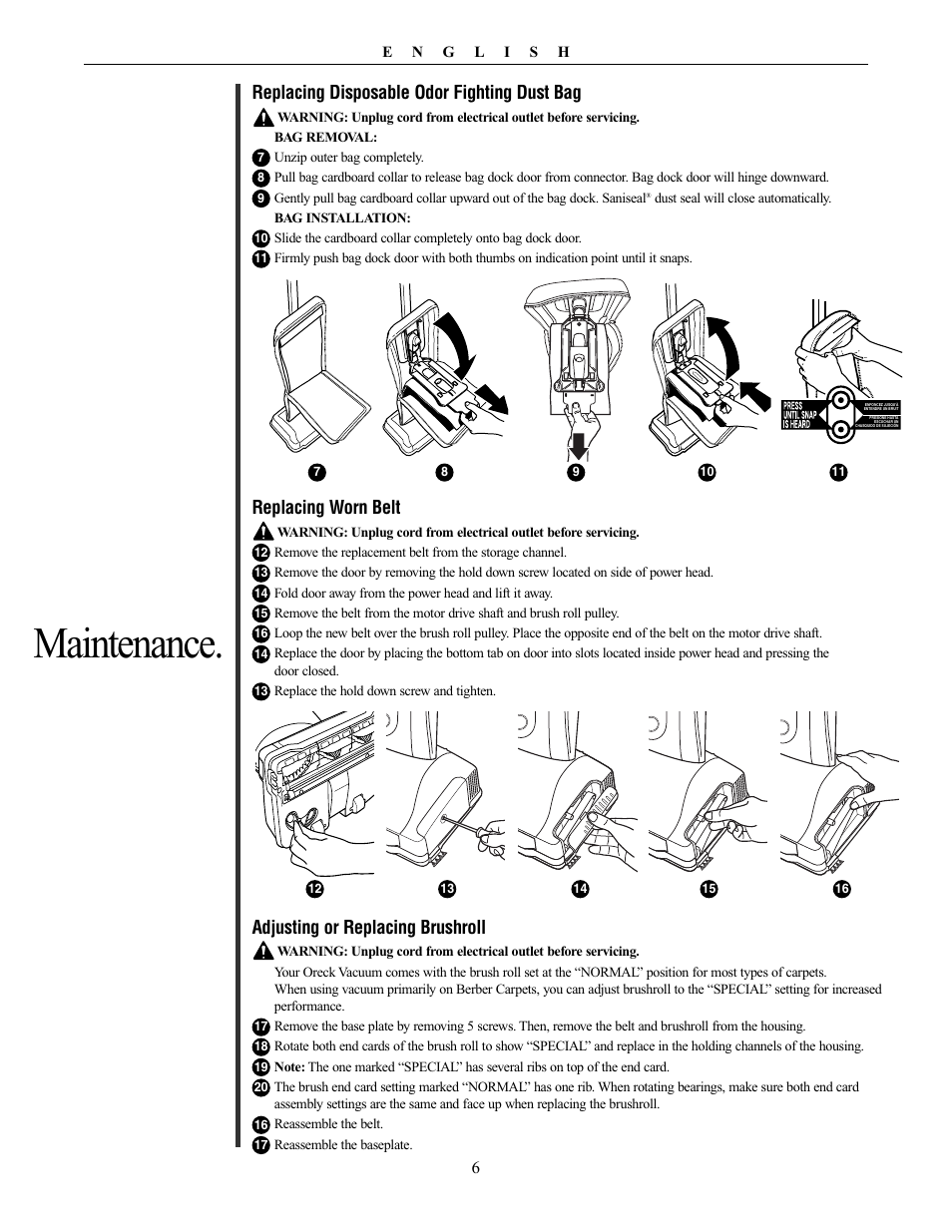 Maintenance, Replacing disposable odor fighting dust bag, Replacing worn belt | Adjusting or replacing brushroll | Oreck XL PLATINUM PLUS 79030-01REVA User Manual | Page 6 / 28