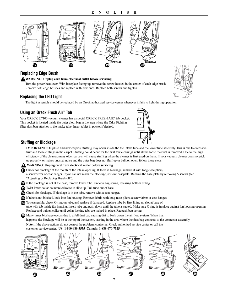 Replacing the led light, Replacing edge brush, Stuffing or blockage | Using an oreck fresh air | Oreck XL PLATINUM PLUS 79030-01REVA User Manual | Page 7 / 28