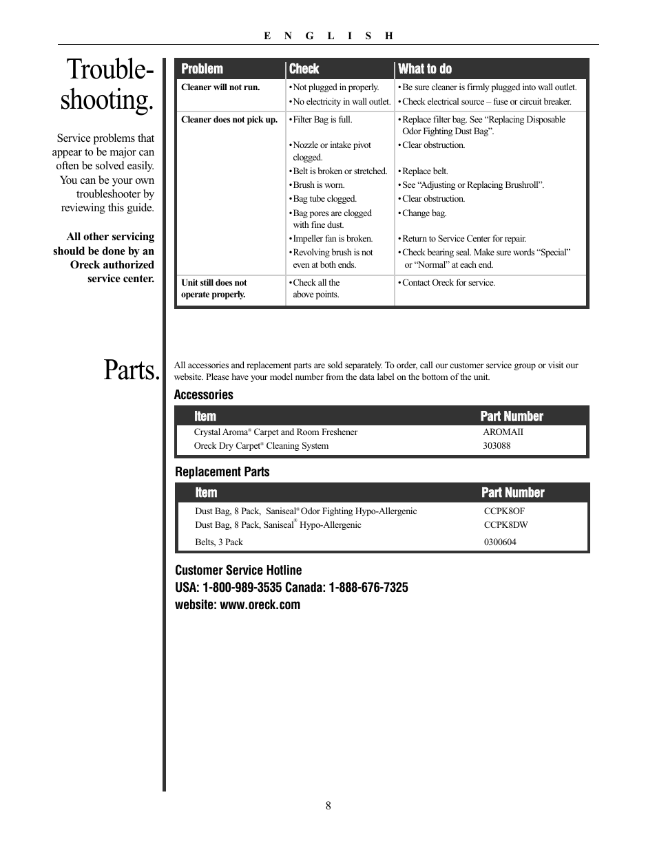 Trouble- shooting, Parts | Oreck XL PLATINUM PLUS 79030-01REVA User Manual | Page 8 / 28