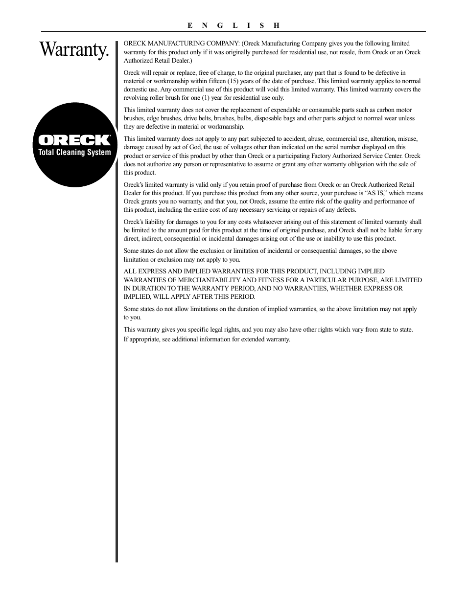 Warranty | Oreck XL PLATINUM PLUS 79030-01REVA User Manual | Page 9 / 28