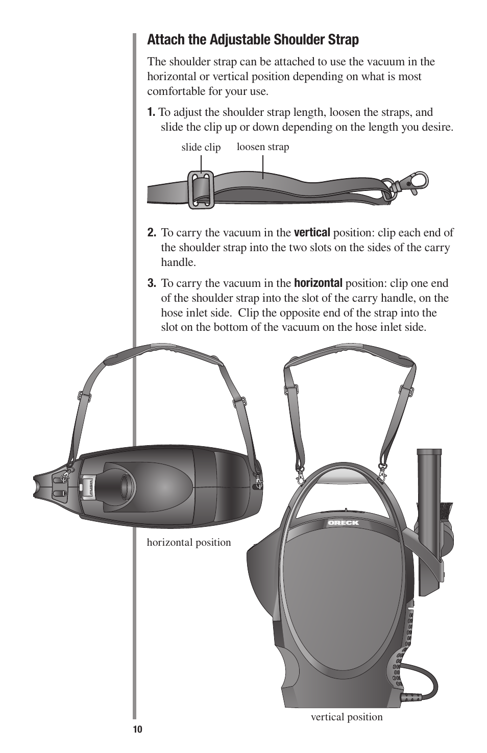 Attach the adjustable shoulder strap | Oreck 1600 User Manual | Page 10 / 52