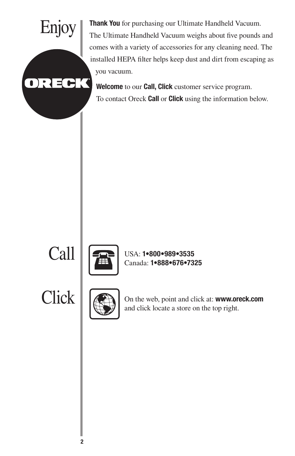 Enjoy click call, Other oreck accessories available at | Oreck 1600 User Manual | Page 2 / 52