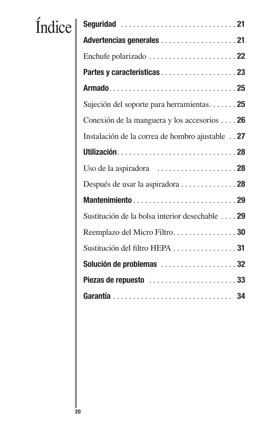 Índice | Oreck 1600 User Manual | Page 20 / 52