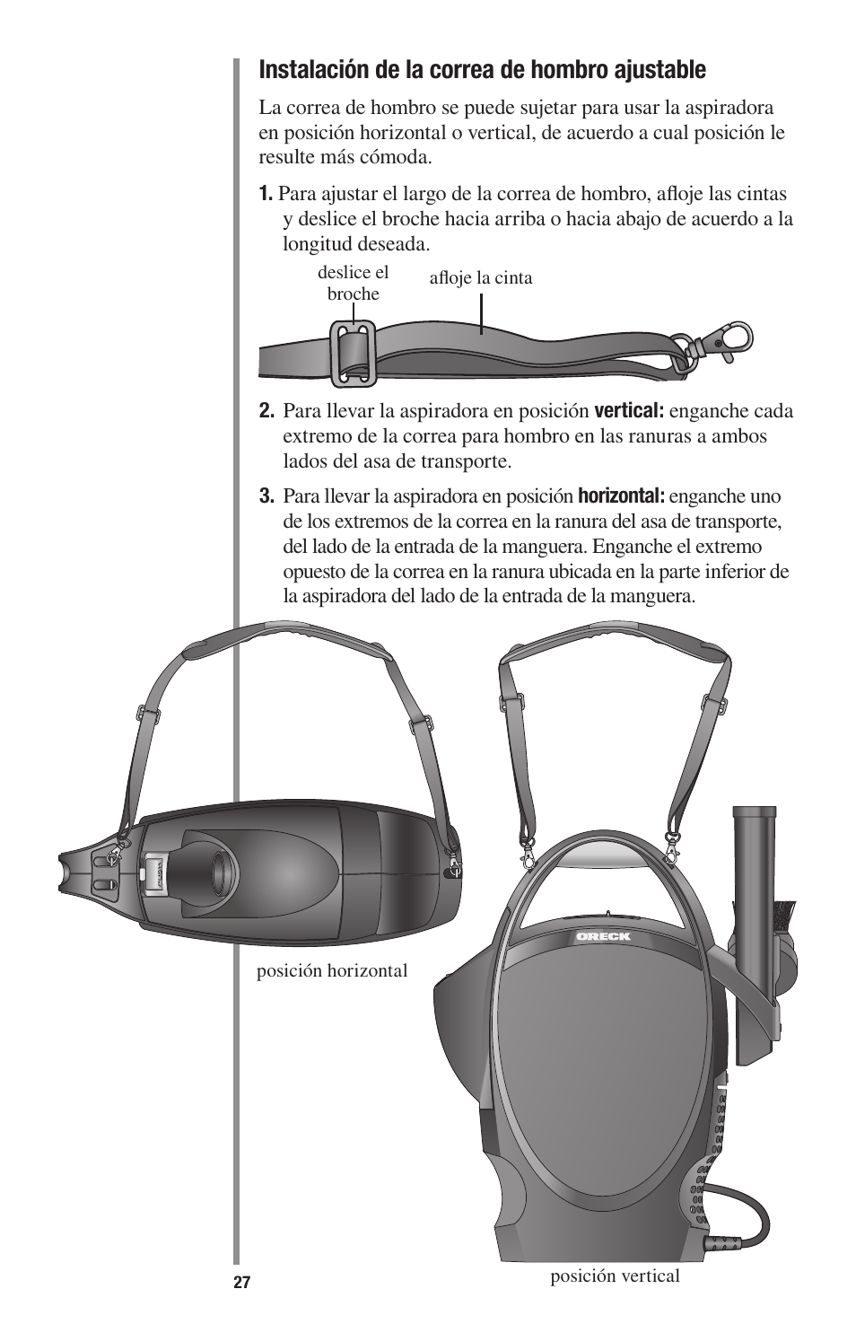 Instalación de la correa de hombro ajustable | Oreck 1600 User Manual | Page 27 / 52