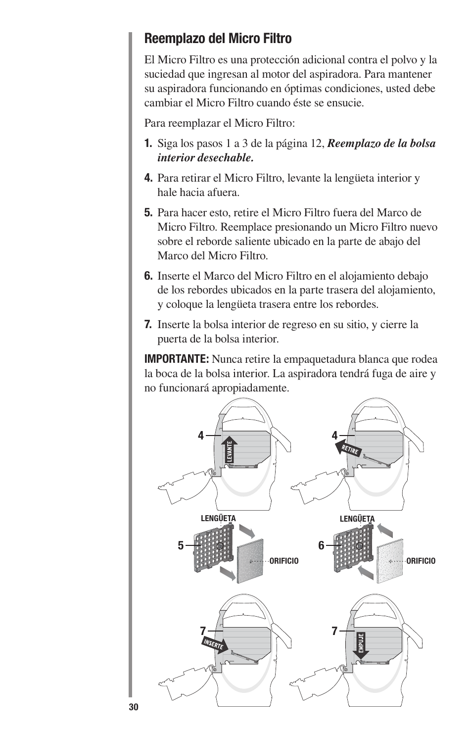 Reemplazo del micro filtro | Oreck 1600 User Manual | Page 30 / 52