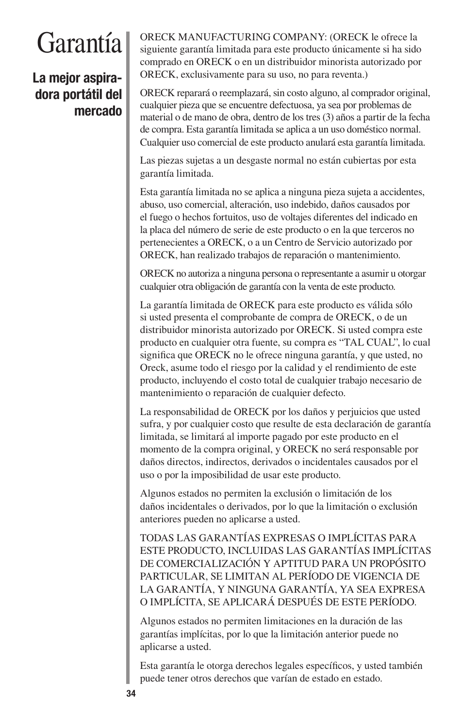 Garantía | Oreck 1600 User Manual | Page 34 / 52