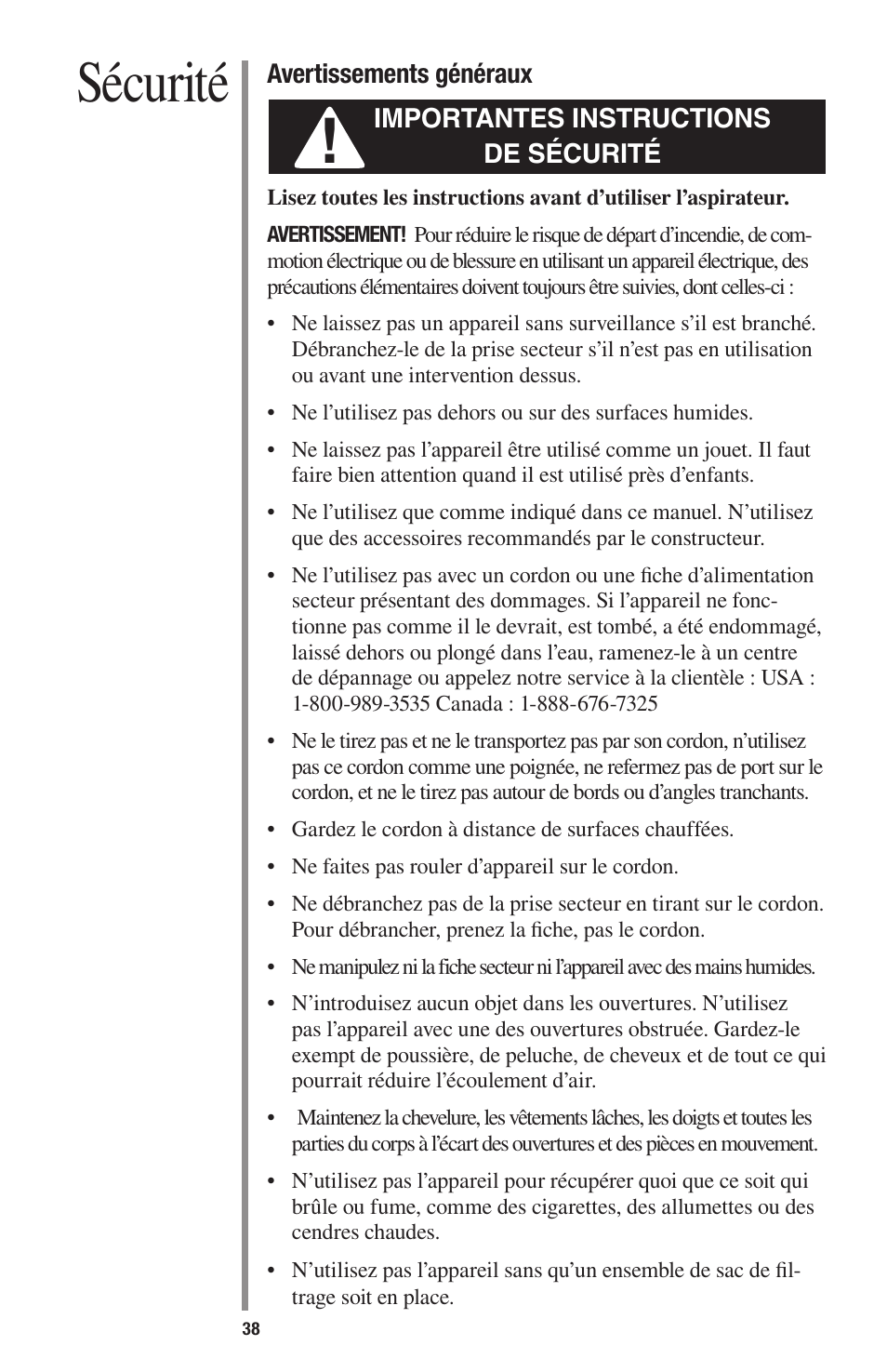 Sécurité | Oreck 1600 User Manual | Page 38 / 52