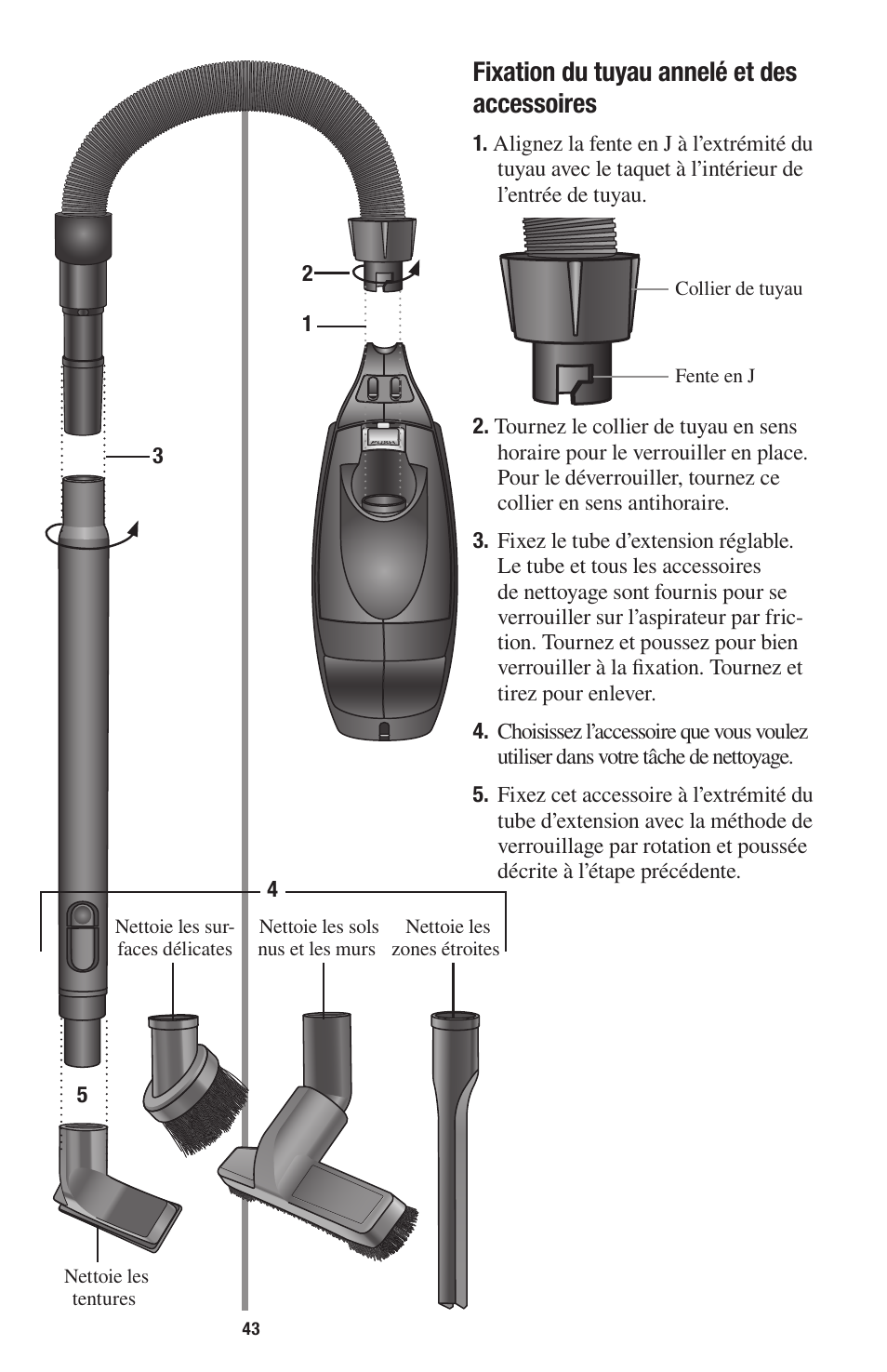 Fixation du tuyau annelé et des accessoires | Oreck 1600 User Manual | Page 43 / 52