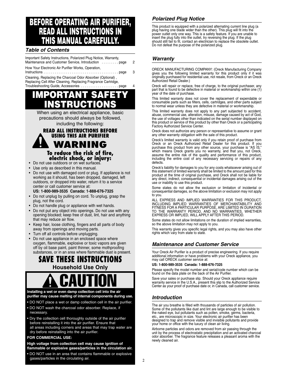 Caution, Important safety instructions, Warning | Save these instructions | Oreck AIR7 User Manual | Page 2 / 4